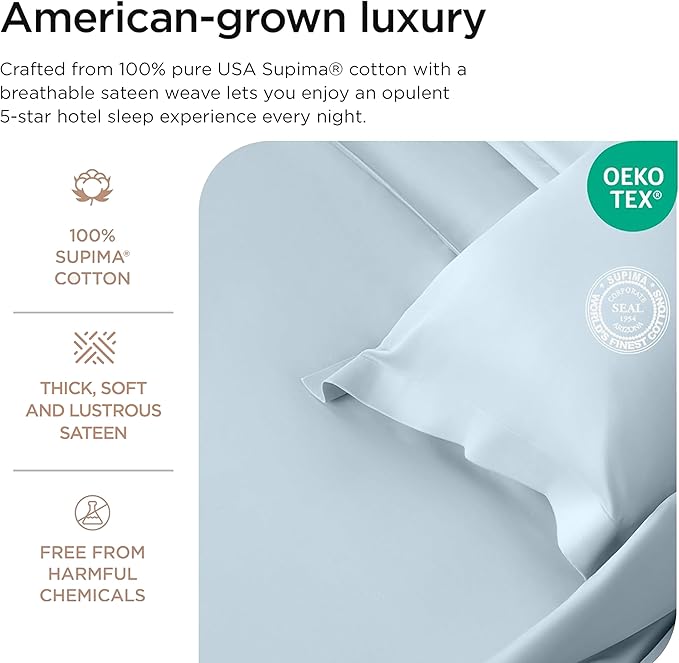 Threadmill California King Sheets, Certified American Supima Cotton Sheets, 1200 Thread Count Hotel Quality Sheet, 4 Piece Luxury Bed Sheets Set with Elasticized Extra Deep Pocket, Light Blue
