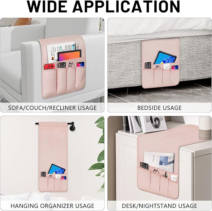 WETRBWEH Remote Control Holder for Armchair，Couch Caddy Organizer TV Remote Holder for Bed Storage 5 Pockets，Remote Caddy Bedside Organizer Bedside Table Organizer (Pink, 35"x12.4")