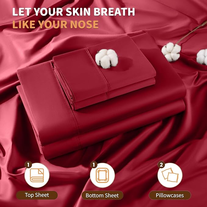 LBRO2M 100% Cotton Sheets Set Deep Pocket 19", 1000 Thread Count Full Size 4 Piece Bed Sheet Sets Soft Comfortable Bedding All Season (Full, Burgundy)