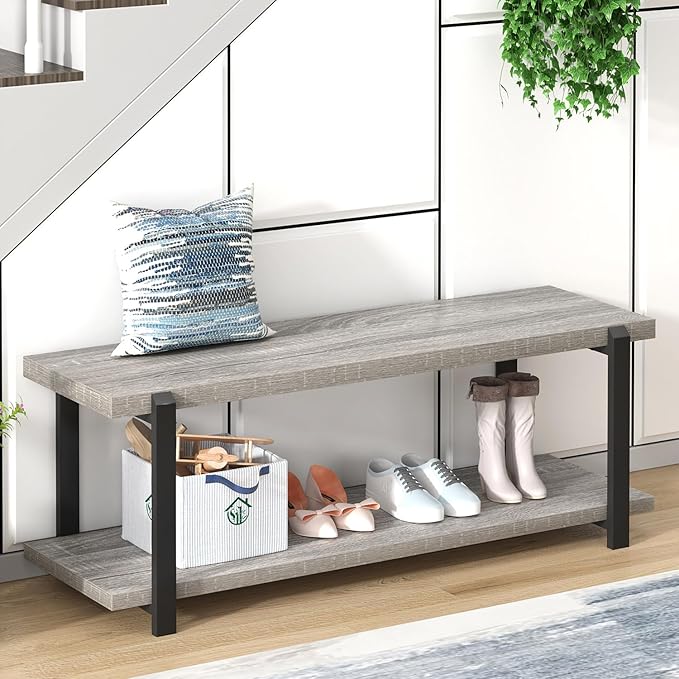 FOLUBAN Entryway Bench, Vintage Wood and Metal Shoe Bench for Hallway Front Door Entrance, Farmhouse Indoor Shoe Storage Bench Seat for Bedroom, Living Room, Light Grey, 47 Inch