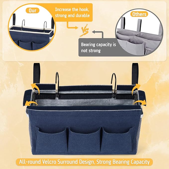 Lilithye Bedside Caddy Bedside Organizer Bedside Storage Caddy with Fixed Straps and Water Bottle Holder for Home College Dorm Bunk Bed Hospital Bed Crib Bed Rails (2pcs Navy Blue)