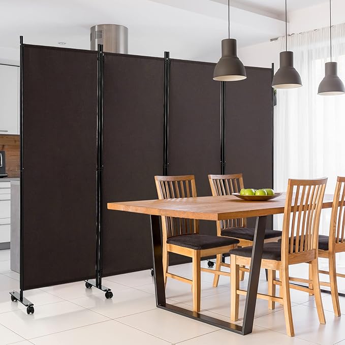 GOFLAME 4 Panel Folding Room Divider, 6FT Rolling Privacy Screen with Lockable Wheels, Portable Room Partition Screen, Freestanding Wall Divider and Separator for Home Office, Brown