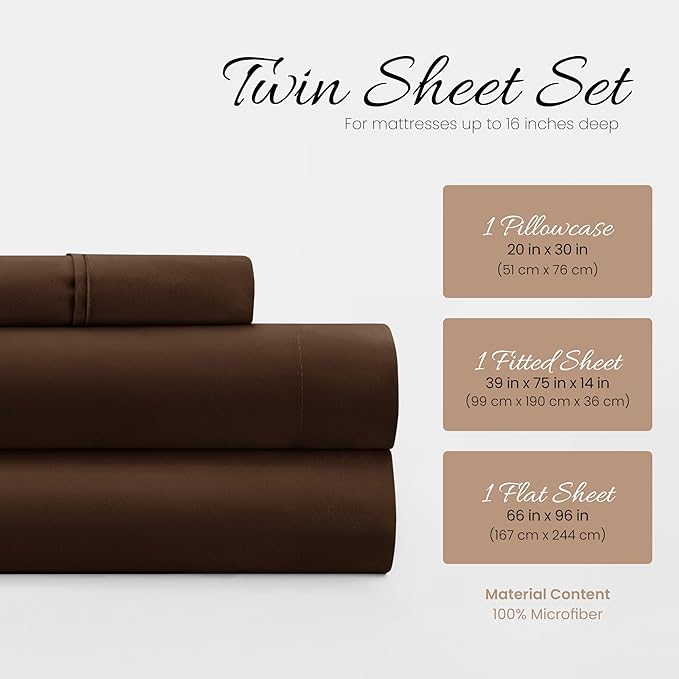 Linen Market Brushed Microfiber Twin XL Sheet Set 3 Piece – Oeko-TEX Certified Ultra Soft & Wrinkle-Free - 16" Deep Pocket Sheets - Easy Care Twin XL Size - Chocolate