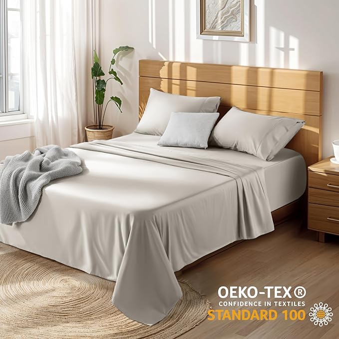 LBRO2M 100% Cotton Sheets Set Deep Pocket 19", 1000 Thread Count Full Size 4 Piece Bed Sheet Sets Soft Comfortable Bedding All Season (Full, Taupe)