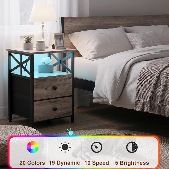 AMHANCIBLE Night Stand Set 2, LED Nightstand with Charging Station, End Tables Living Room with Fabric Drawers, Bed Side Table for Bedroom, Greige, HET052LGY