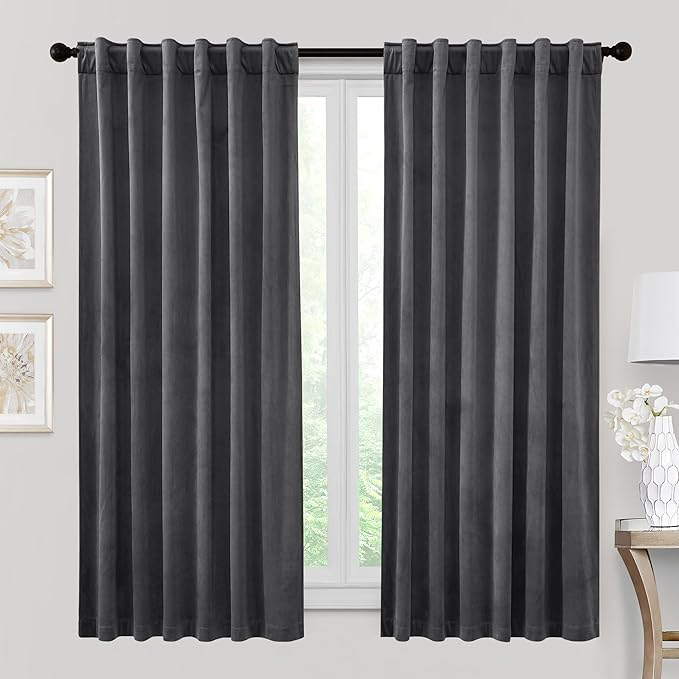 RYB HOME Grey Velvet Curtains 72 inches Long - Super Soft Blackout Curtains Thermal Insulated Drapes for Bathroom Baby Room, Wide 52 x Long 72, Grey, 2 Panels