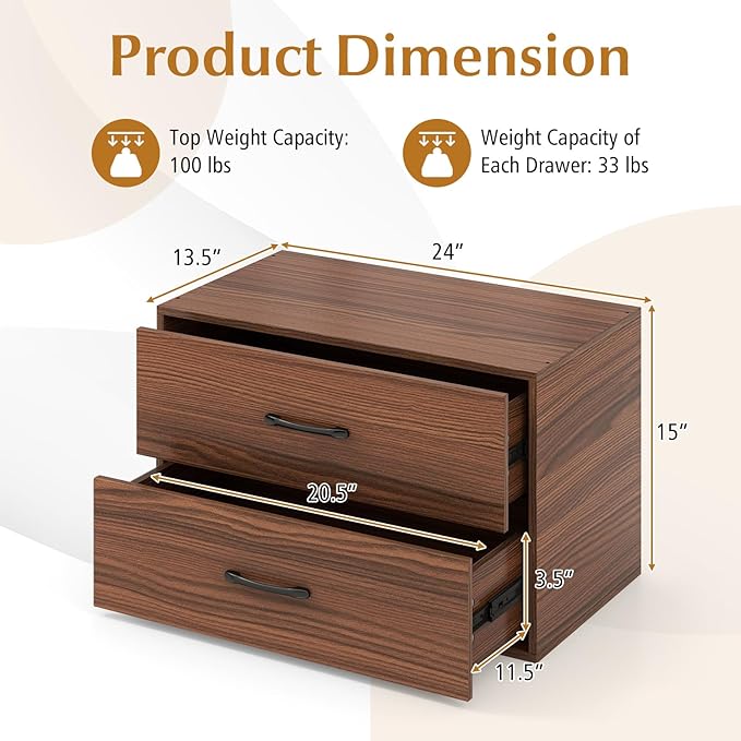 Giantex Stackable 2-Drawer Dressers for Bedroom - Short Dresser Two Drawer Storage Cabinet w/Handles & Anti-Topping Device, Small Dresser Chest of 2 Drawers for Closet Bedroom (2, Walnut)