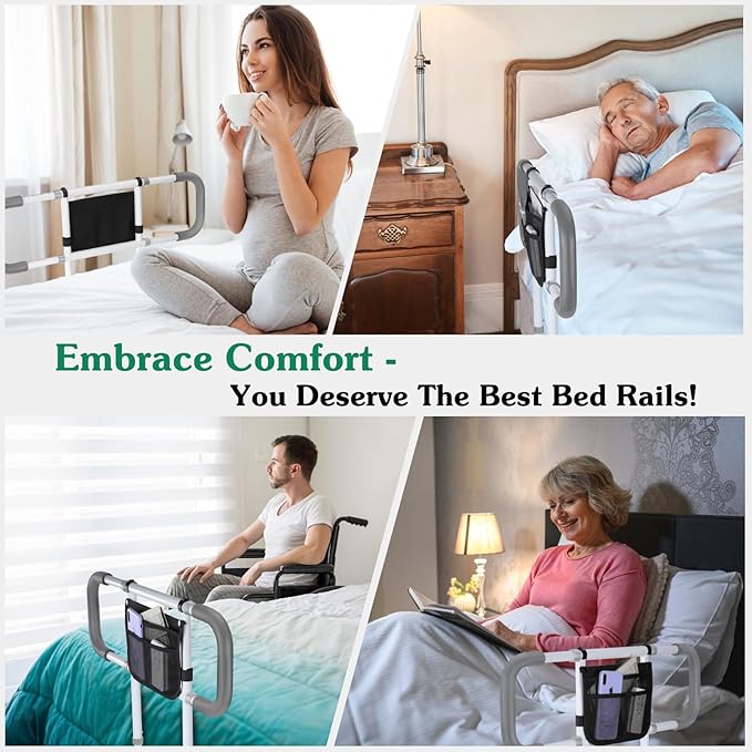 Bed Rails for Elderly Adults Safety - Extended Bed Assist Rail for Seniors - Adjustable Beds Side Rails Handle Support Bar Bed Guard with Storage Bag & Fixing Strap, Fit King Queen Full Twin Beds