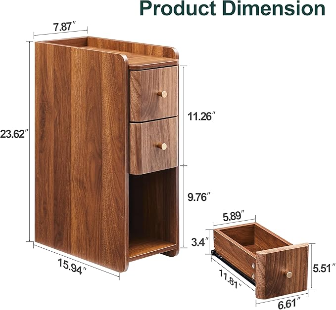 Narrow Nightstand Set of 2, Wooden Small 2 Drawer Nightstand, Slim Side End Table, Skinny Bedside Table, Mid Century Modern Night Stand with Drawers, for Bedroom (Walnut-2pcs)