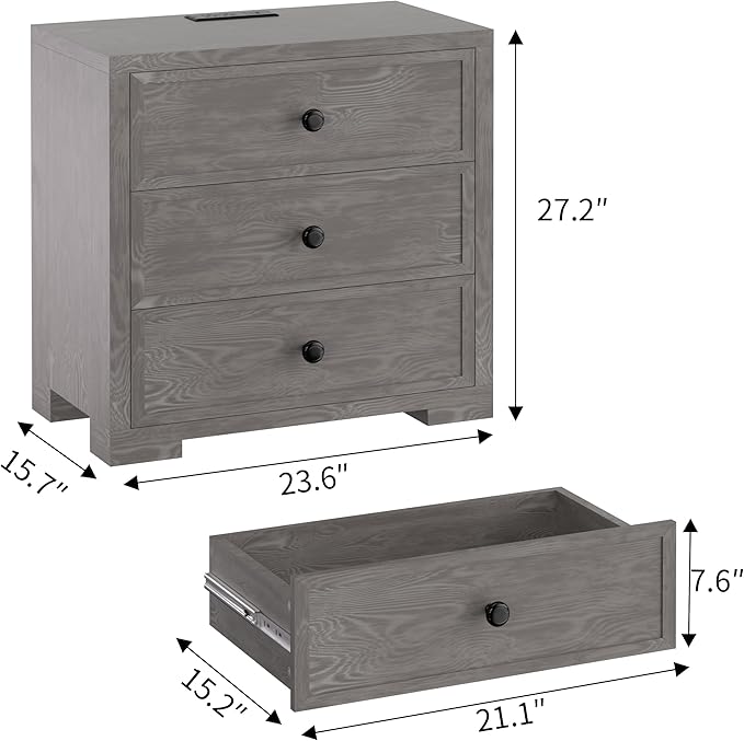 COWMOU Nightstand with Drawers 3 Drawer Night Stand with Charging Station Farmhouse Style Large Bed Side Table Wooden Dresser for Bedroom Living Room (1, Grey Grain)
