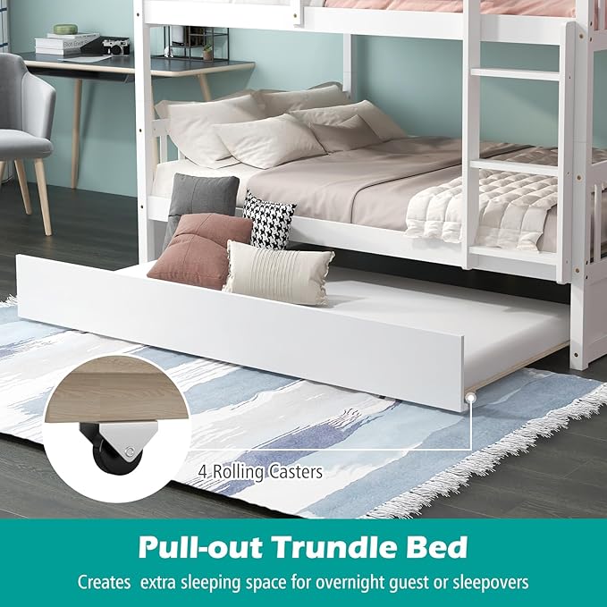 Giantex Full Over Full Bunk Bed with Trundle, Solid Wood Trundle Bed Frame w/Guardrails and Ladder, Convertible to 2 Beds, Full Size Bunk Beds for Adults Kids Teens, No Box Spring Needed, White