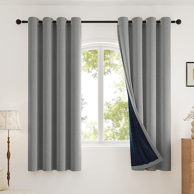100% Blackout Curtains Thick Soft Curtain 2 Panels Set for Small Bedrooms/Children's Rooms, Linen-Look Textured Full Light Blocking Room Darkening Thermal Insulated Drapes (W52xL54, Grey)