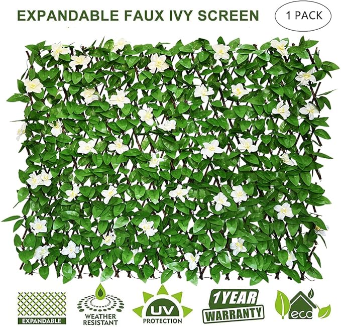GLANT Expandable Fence Privacy Screen for Balcony Patio Outdoor,Decorative Faux Ivy Fencing Panel,Artificial Hedges (Single Sided Leaves) (1, Green-Flowers)