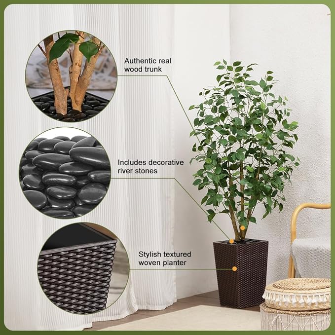 5ft Artificial Ficus Tree,Tall Faux Tree with Silk Leaves & Real Wood Trunk,UV Resistant Potted Fake Plant with Pebbles & Planter,Indoor Outdoor Floor Plant for Home,Living Room,VN129