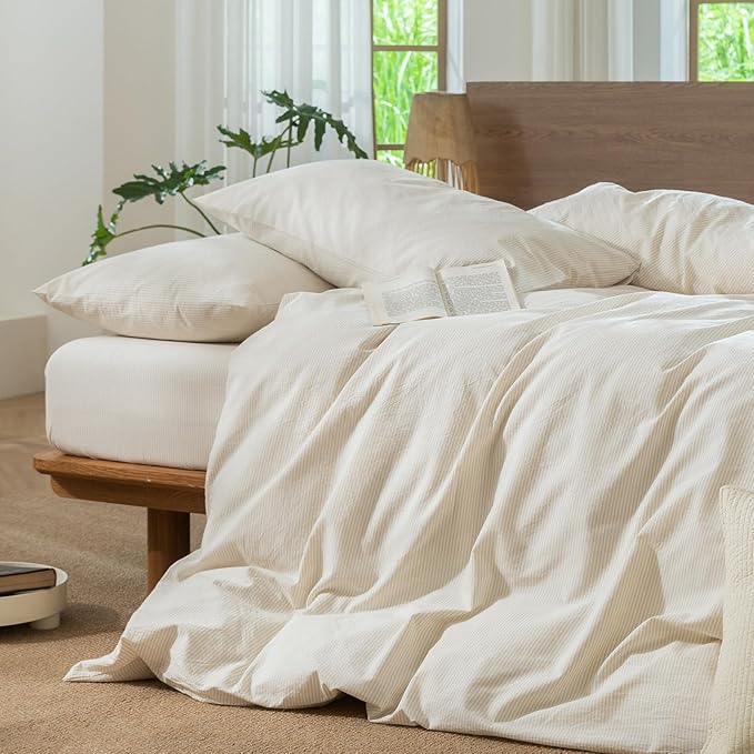 MooMee Striped Duvet Cover Set 100% Washed Cotton Linen Like Textured Breathable Durable Soft Comfy (Almond Milk Grey Pinstripes, Super Queen 90"x98")