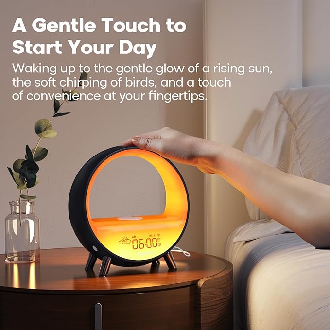 Dekala Arches Sunrise Alarm Clock Sunset White Noise Sound Machine Sleep Timer Loud Alarm Clock for Heavy Sleepers Natural Sound Wake-Up Light 15W Wireless Charging Customizable Snooze 5G WiFi App