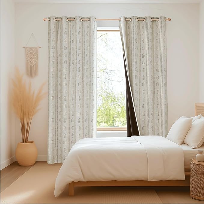100% Boho Blackout Curtains 96 Inches Long for Bedroom, Taupe on Beige Patterned Bohemian Curtains for Living Room, Geometric Striped Thermal Insulated Window Drapes Gromment Top 2 Panels