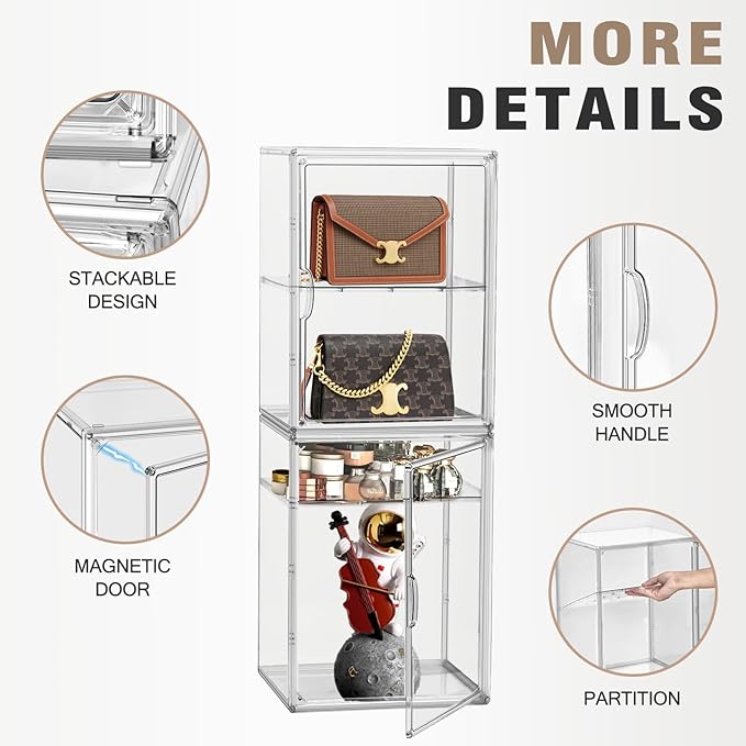 2 Pcs Shoe Display Case, XX-Large Tall Boot Storage Box Transparent Handbag Organizer for Closet Acrylic Shoe Box Clear Plastic Stackable Sneaker Collectibles Case with Detachable Divider