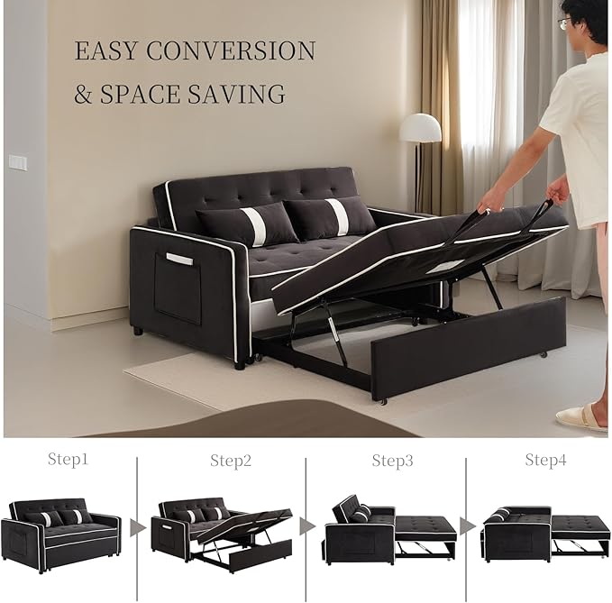 Convertible Sofa Bed, 3-in-1 Loveseat Futon Sofa Bed with 3-Position Adjustable Backrest & Side Pocket, Modern Velvet Fabric Pull Out Couch for Living Room, Small Spaces (Black)