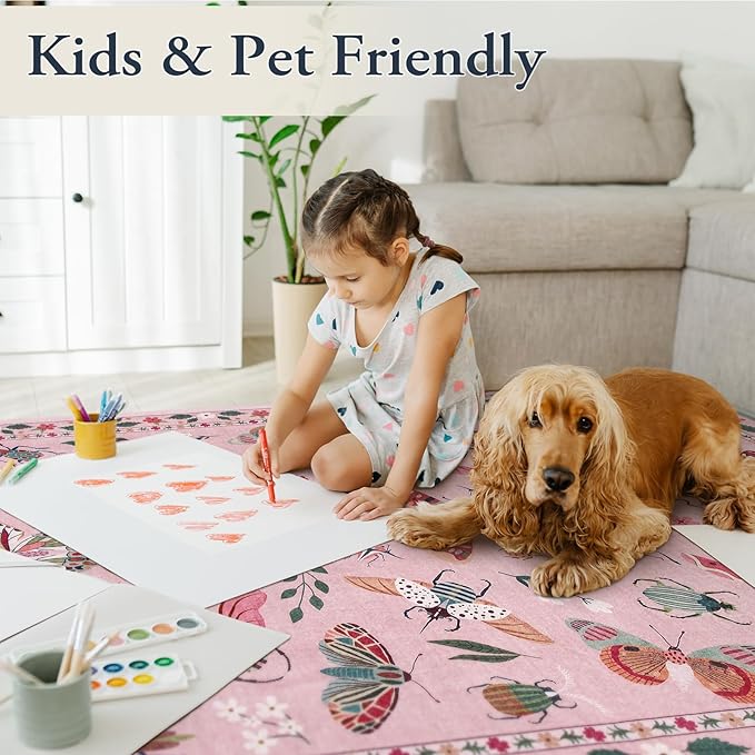 Lahome Insect Washable Rugs for Living Room, Soft 6x9 Rug for Bedroom Ultra-Thin Non Slip Pink Rug, Stain Resistant Easy Clean Large Carpet for Girls Dining Room Nursery Classroom(6'x9',Pink)