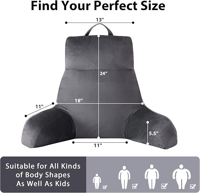 IPYNBAP Reading Pillow with Arms for Adult, Back Pillow for Bed Sitting Up, Shredded Memory Foam Backrest Pillow with Pockets & Removable Washable Cover, Lounging, Watching TV, Reading(24inch Grey)