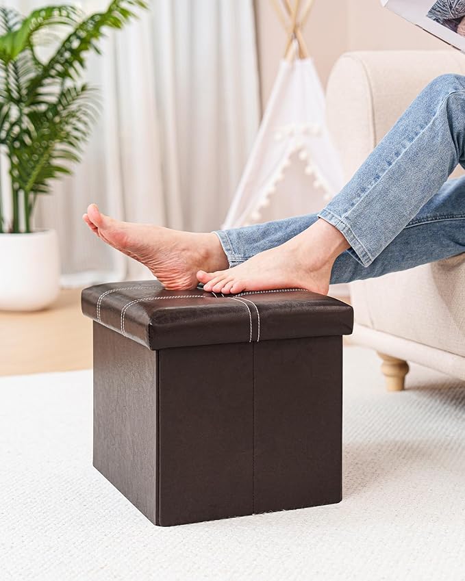 B FSOBEIIALEO Folding Storage Ottoman Cube, Faux Leather Footrest Seat Coffee Table, Brown 16.5"x12.6"x12.6"