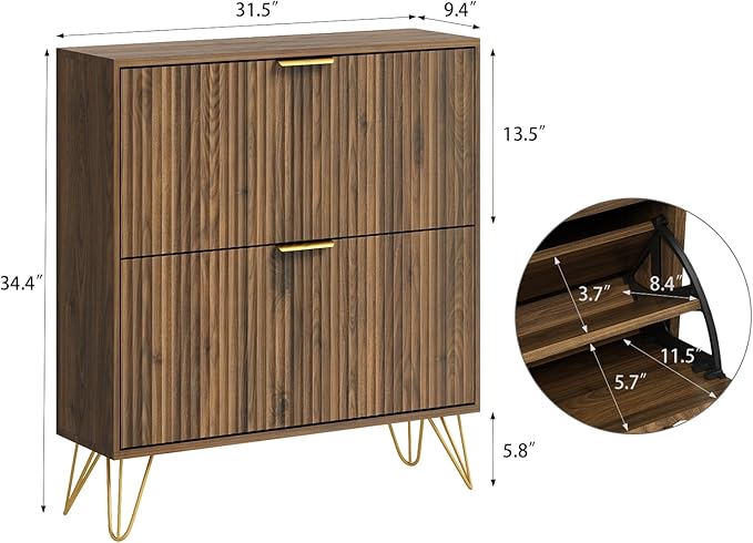 Shoe Cabinet with 2 Flip Drawers Walnut, Fluted Shoe Cabinet Storage for Entryway Slim, Mid Century Narrow Shoe Organizer, Modern Freestanding Shoes Rack for Entryway, Walnut