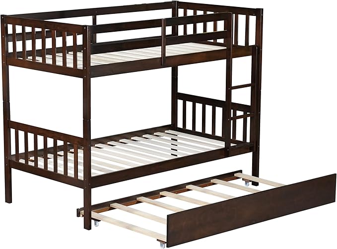 Bellemave Twin Over Twin Bunk Bed with Trundle,Convertible Bunk Beds with Ladder & Safety Guardrails,Twin Size Bunk Beds for Kids Girls Boys,Espresso