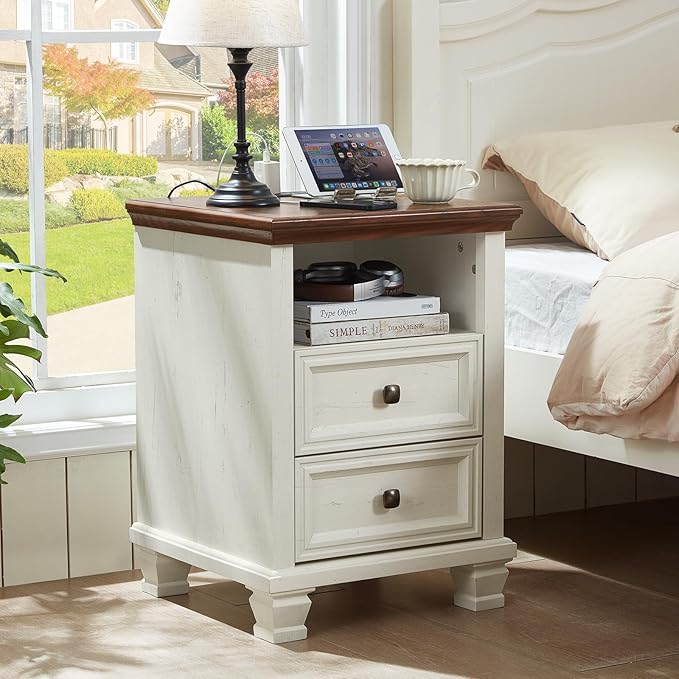 SAVOR LIFE Farmhouse Nightstand Set of 2 with Charging Station, Antique Nightstands with Drawers, Bedside Table with Open Shelf for Bedroom, White