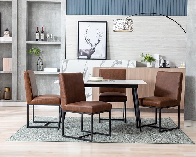 CIMOTA Modern Dining Chairs Set of 4, Leather Dining Room Chairs Upholstered Mid Century Armless Guest Side Chair with Black Base for Dining Room/Kitchen, Vintage Brown 4PCS