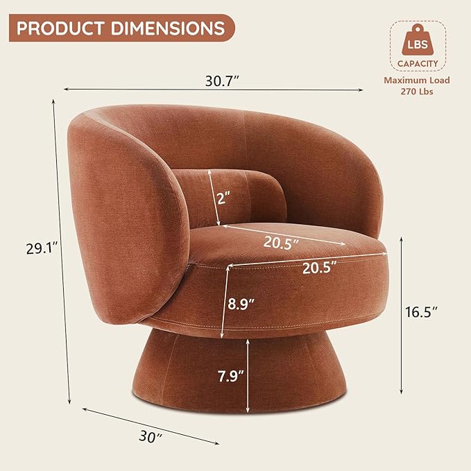 Swivel Accent Chair, Modern 360 Degree Swivel Barrel Chair with Arms & Curved Back and Lumbar Support Cushion, Comfy Round Single Sofa for Small Space, Living Room, Bedroom, Dark Rust Rayon