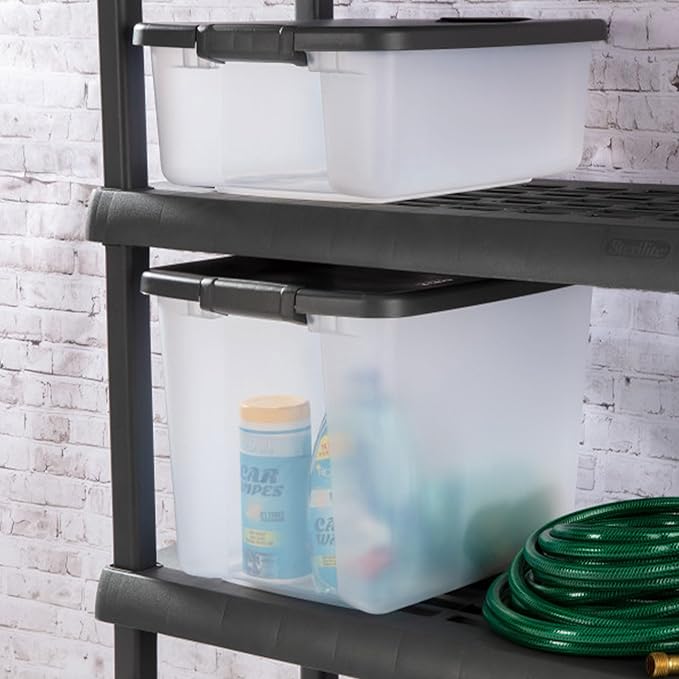 Sterilite 12-Pack 50 Quart ShelfTote, Clear Plastic Storage Organizer Bins with Gray Lids – Stackable Home and Office Containers for Closet or Shelves