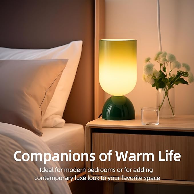 8.9" Modern Glass Table Lamp for Living Room, Dimmable Desk Lamps for Bedroom, UL Listed Nightstand Lamp with Dome Base, End Table Lamps for Side Tables, College Dorm, Office, Glossy Green