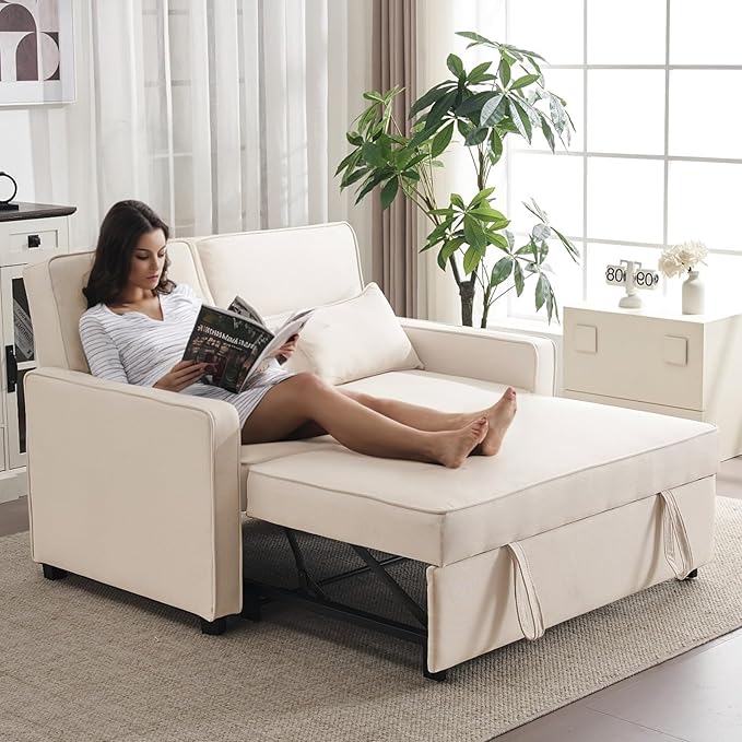 Furnimart 3-in-1 Convertible Sleeper Sofa with Pull-Out Bed, 53" Futon Couch Bed, Adjustable Backrest Loveseat for Small Spaces Beige