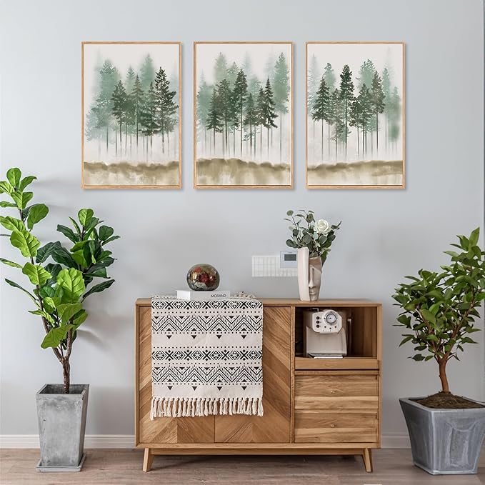 LHIUEM Foggy Pine Tree Framed Canvas Wall Art,Abstract Green Forest Wall Decor,Watercolor Nature Misty Forest Art Print for Living Room, Bedroom,Dining Room, Office-16''x24''x3