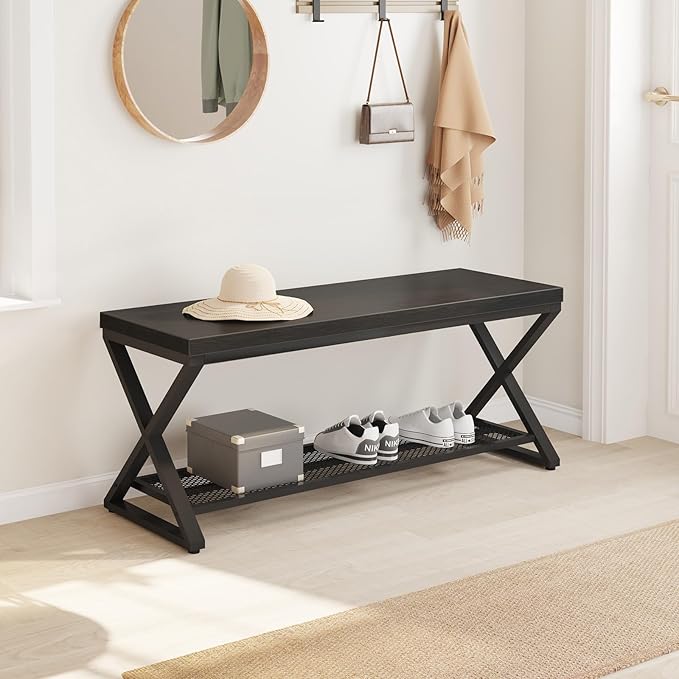 LVB Black Entryway Bench with Storage, Indoor Shoe Bench with Seating for Hallway, Accent Storage Bench for Living Room Bedroom, Simple Small Shoe Rack Benchs for Foyer Entrance, Black Oak, 39 inch
