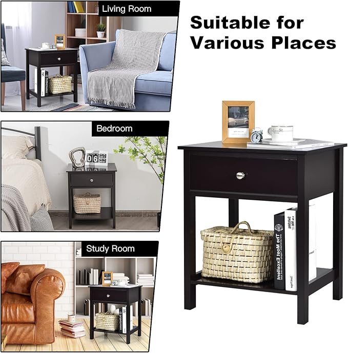Giantex Nightstand Set of 2, Wood End Table with Drawer and Open Shelf, Night Stand for Small Spaces, 2-Tier Bedside Table for Living Room Bedroom Dorm, Easy Assembly, Black