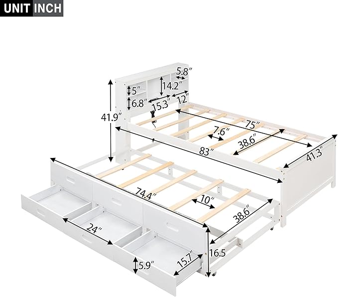 Platform Bed with Storage Headboard, USB, Twin Size Trundle and 3 Drawers, Twin Size, White