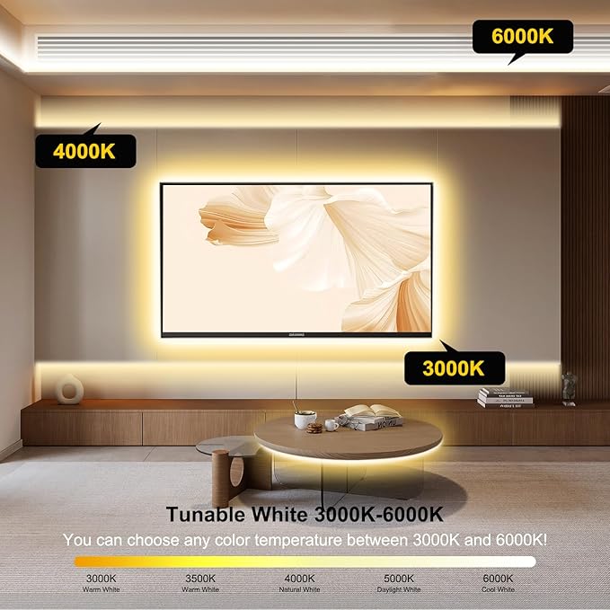 COB LED Strip Light,CCT Dimmable Strips Light,2700K-6500K,16.4ft/5m,8mm Wide,CRI90+ 24V LED Strips Kit with Bluetooth APP Control/Music Mode,for Bedroom,Kitchen,DIY Lighting