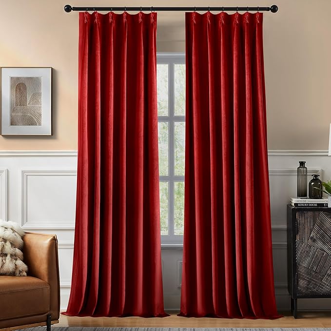 Pinch Pleated 100% Blackout Curtains for Bedroom, Red Velvet Curtains for Living Room, Black Out Curtain 96 inch Long Room Darkening, Blackout Pinch Pleat Drapes with Hooks 2 Panels