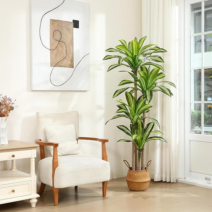 Artificial Plants, 6 Ft Dracaena Tree Faux Plants Indoor Outdoor Decor Fake Tree with Woven Seagrass Basket Plants for Home Decor Office Living Room Porch Patio Housewarming