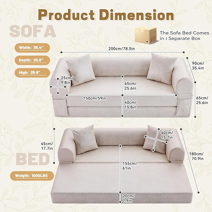 Convertible Folding Sofa Bed,78.5 Inch Faux Leather Futon Couch with Pillows & Storage Pocket,5-in-1 Queen Sleeper Sofa in a Box with Pull Out Bed,Boneless Couch for Living Room Bedroom,Beige
