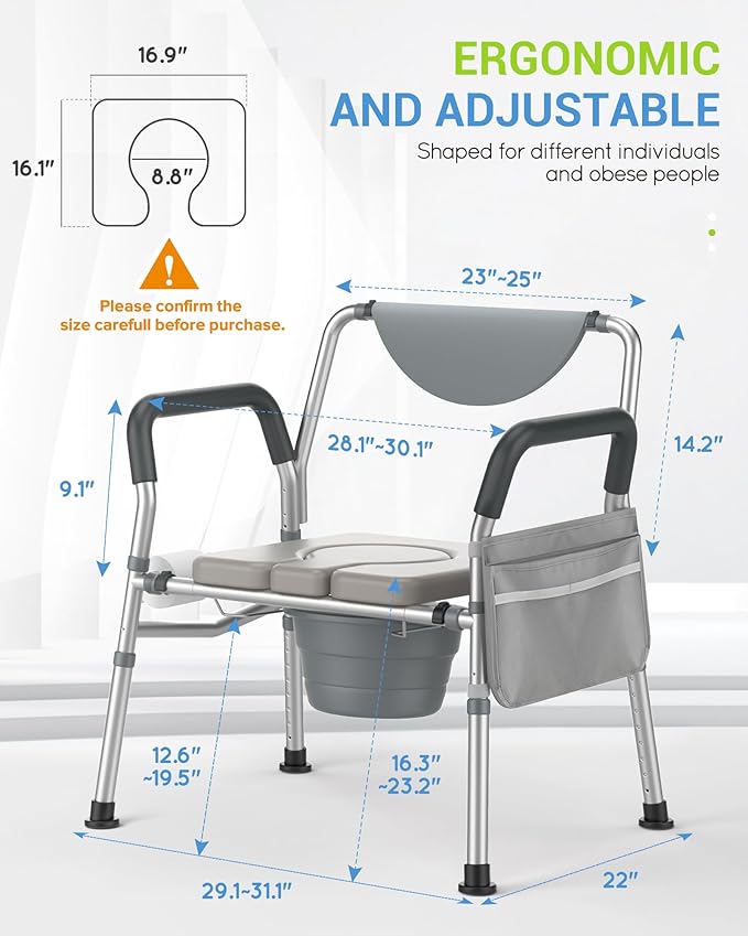 Heavy Duty Bariatric Commode, 4-in-1 Portable Bedside Commode or Over-Toilet Chair, Extra-Wide | Adjustable Height | Easy to Clean, Handicap Commode Chair for Eldery, Disabled People