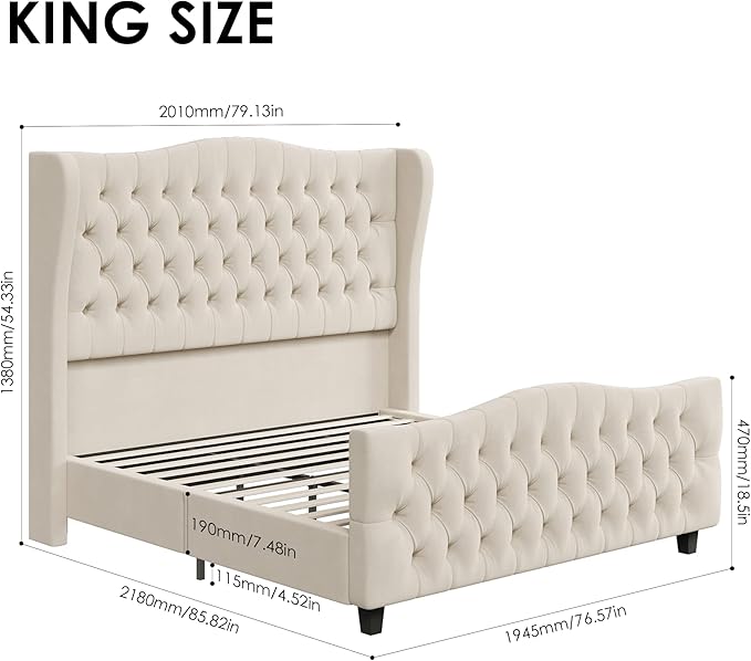 Keyluv King Size 54.3” Tall Platform Bed Frame with Deep Button Tufted Wingback Headboard and Footboard, Velvet Upholstered Bed Frame with Handmade Pleats, No Box Spring Needed, Beige/Cream