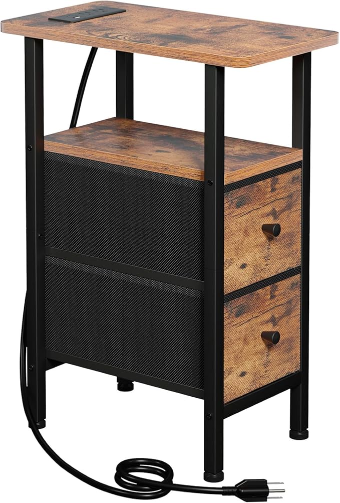 LOAKEKEL Narrow End Table Living Room with Charging Station, Skinny Side Table with Fabric Drawers, Slim Nightstand for Bedroom, Small Spaces, Couch, Brown, HETNDP02BR-1