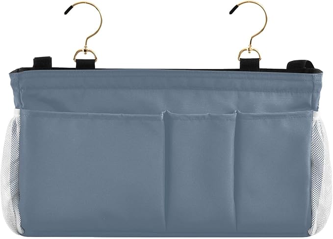 KOPIRIT Dusty Blue Bedside Caddy Storage Bag Bedside Organizer for Headboards Bunk Beds Organizer Caddy Hanging Shelf 6 Pockets with Hooks for Magazine Water Bottle Holder
