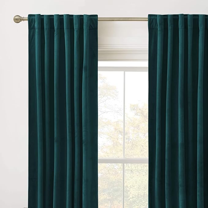 RYB Home Velvet Curtains 108 inches 2 Panels Set - Super Soft Durable Window Drapes Room Darkening Energy Smart Back Tap for Apartment Villa Room Backdrops, Peacock Blue, W52 x L108 inches, 2 Panels