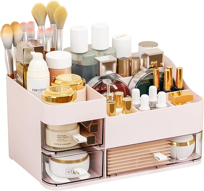 SuoXing Pink Makeup Organizer for Vanity,Large Plastic Skincare Organizers With Drawers,Bathroom Counter Organizer Cosmetic Storage for Dresser Top Skin Care,Lotion,Beauty Products and Brush Holder