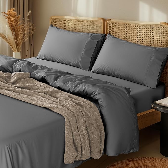 LBRO2M 100% Cotton Sheets Set Deep Pocket 24", 1000 Thread Count King Size 4 Piece Bed Sheet Sets Soft Comfortable Bedding All Season (King, Dark Gray)