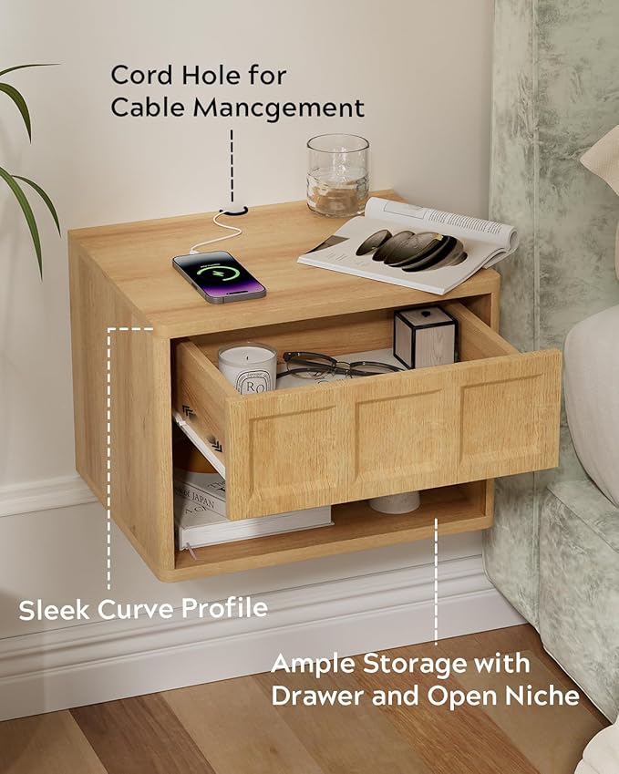 Floating Nightstand Set of 2, Wall Mounted Bedside Table with Storage Drawer and Open Shelf, Night Stand with Curved Corners for Living Room, Bedroom, Dorm, Natural Oak